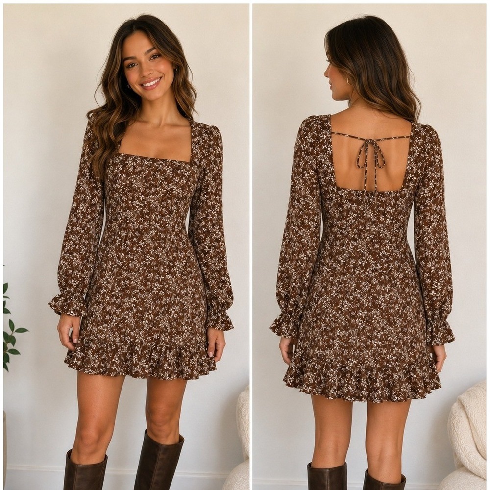 RIHOAS Rust Brown Floral Square Neck Ruffle Hem Mini Dress Small Long Sleeve
